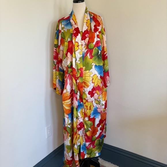Natori Other - Natori Floral Robe No tie bright colorful satin pajama coverup size XL